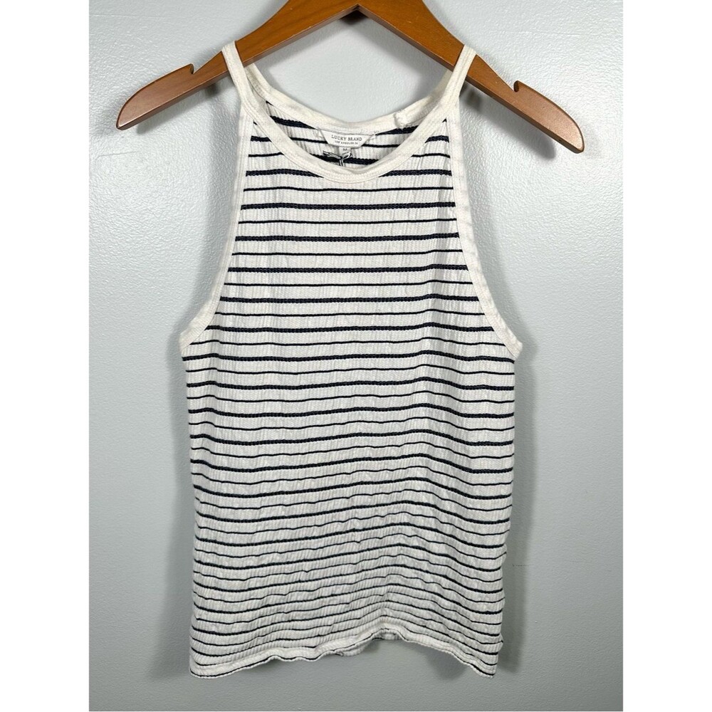 Lucky Brand White and Navy Blue Striped Ribbed Halter Tank Top NWT Size Medium